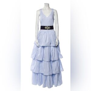 Sara Roka Blue and White Striped Tiered Maxi Dress with sash w/embellishments